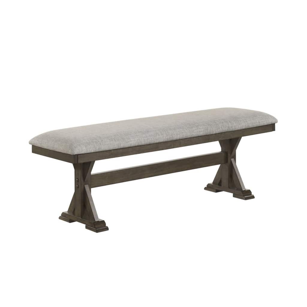Omal Dining Bench, Brown Wood, 53 Inch Rectangular Gray Fabric Seat