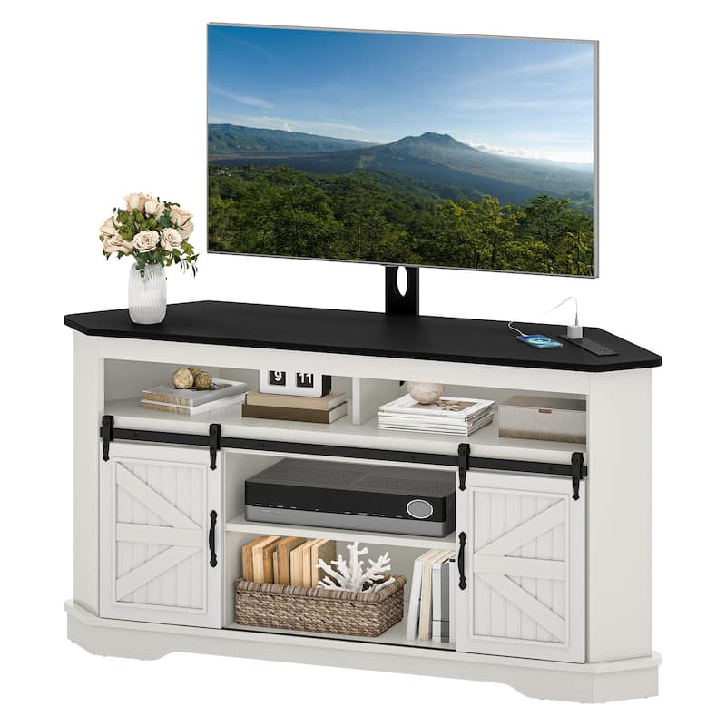 Moasis Corner TV Stand with Barn Doors for 70" TVs - White