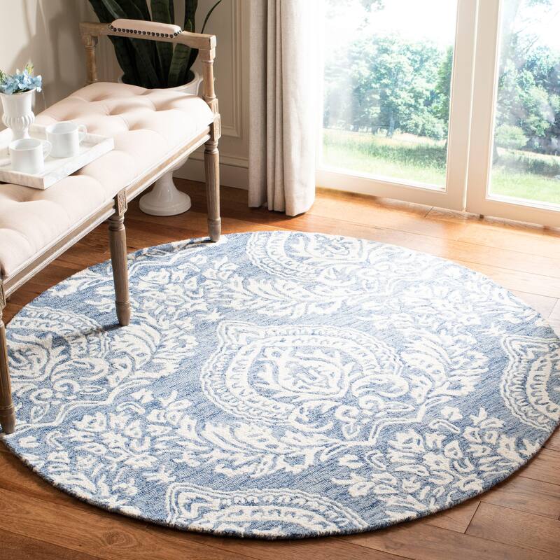 SAFAVIEH Handmade Micro-Loop Tressy Wool Rug - 5' Round - Blue/Ivory