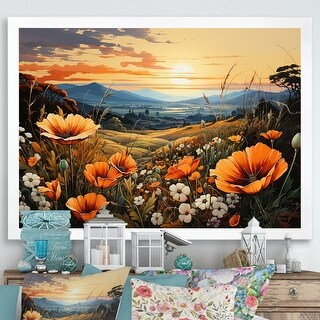 Designart "Radiant Golden Blooming Meadow I" Flower Framed Canvas Wall ...
