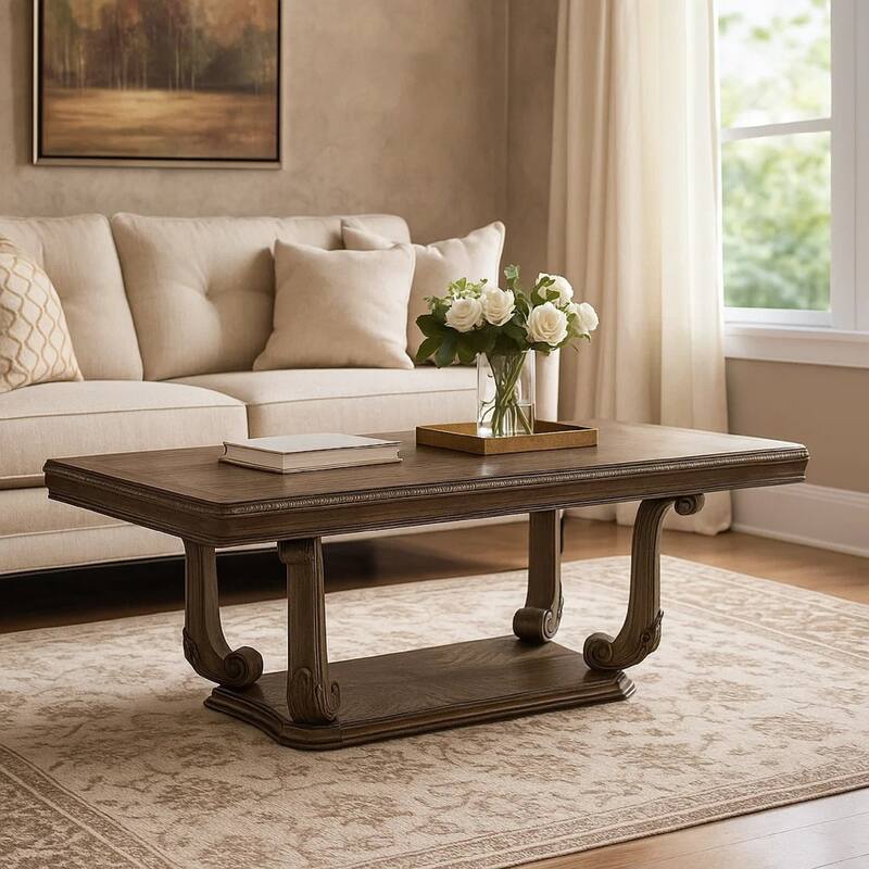 Hama Dining Table, 108 Inch Top with Scrolled Pedestal Base, Oak Brown - Weathered Oak Brown