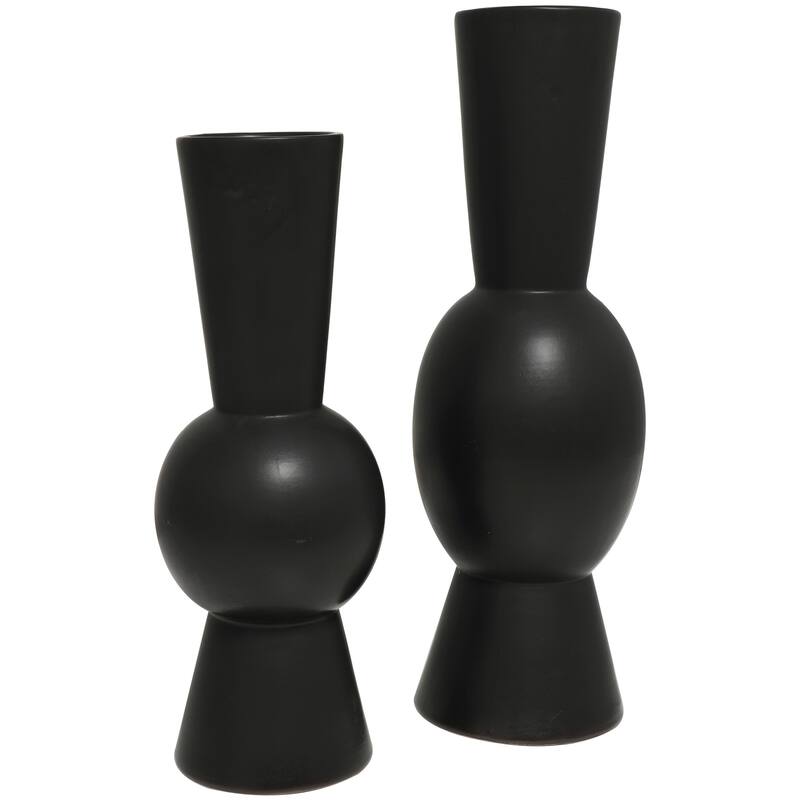 Black Ceramic Fluted Round Abstract Decorative Vase (Set of 2) - 24", 20"H