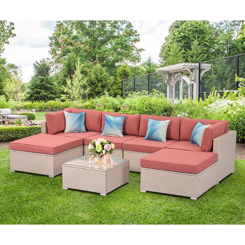 COSIEST 7-Piece Outdoor Patio Wicker Sectional Sofa with Coffee Table - BeigeWicker+HibiscusCushion
