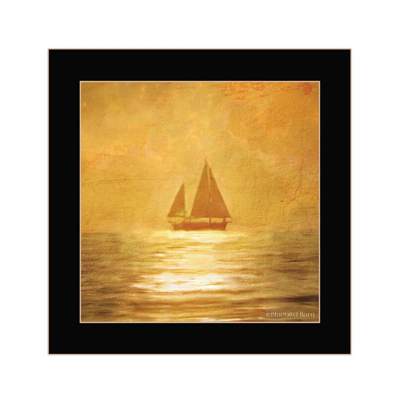 TrendyDecor4U Contemporary "Solo Gold Sunset Sailboat" Framed Print Wall Art - Black