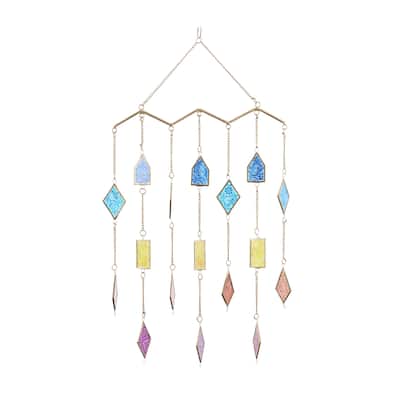 Metal Geometric Indoor Outdoor Windchime with Stained Glass - Multi Colored - Roche River Decor