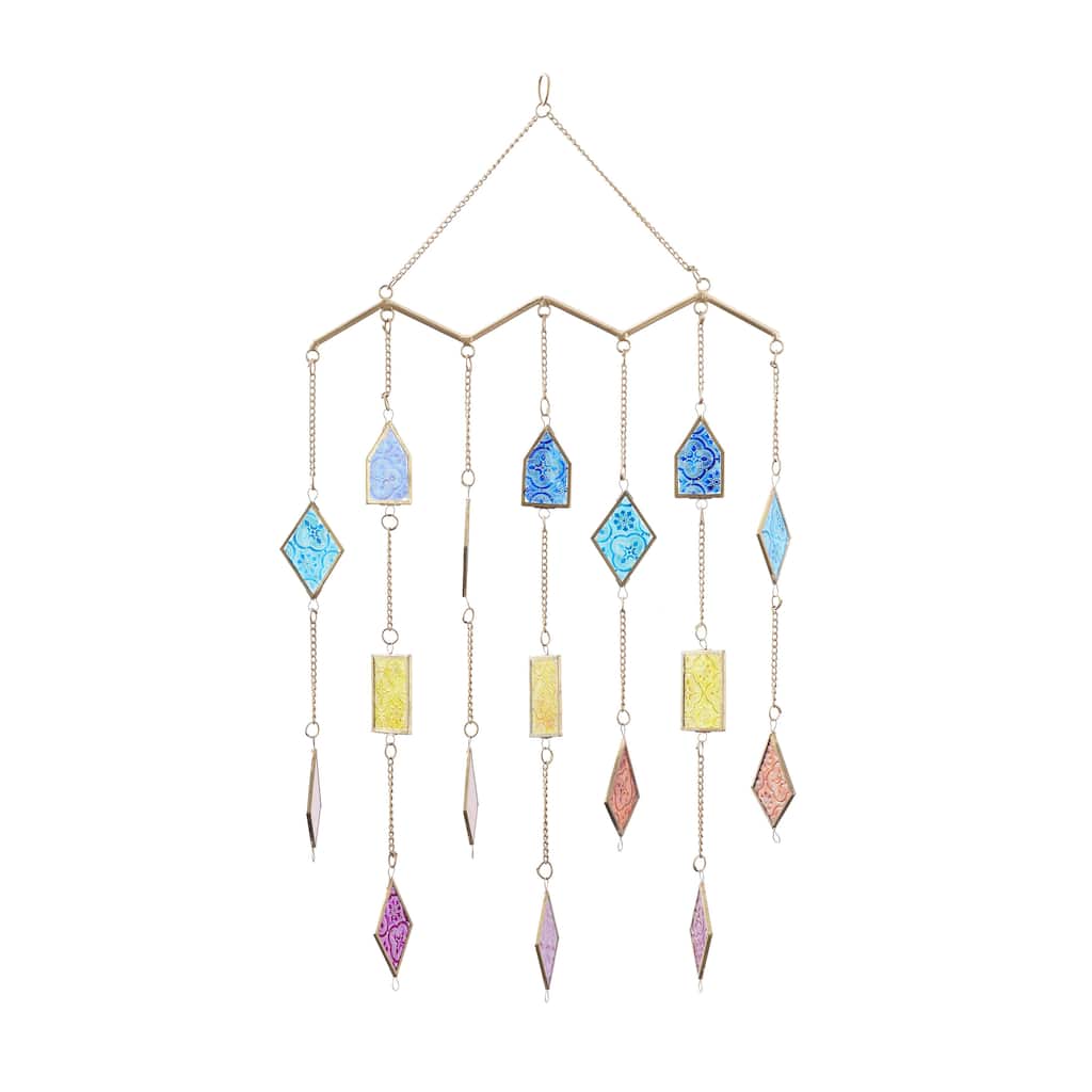 Metal Geometric Indoor Outdoor Windchime with Stained Glass - Multi Colored - Roche River Decor