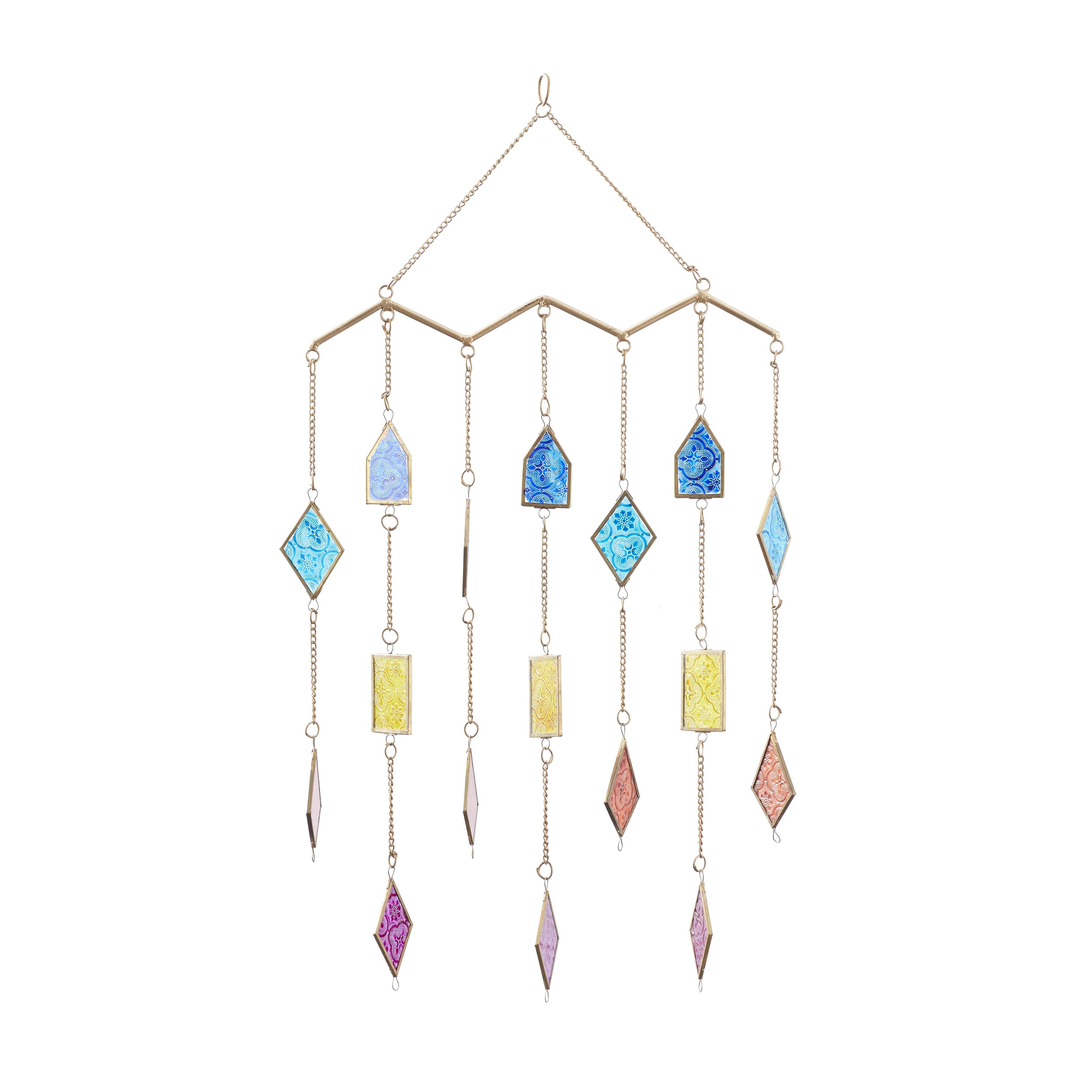 Metal Geometric Indoor Outdoor Windchime with Stained Glass - Multi Colored - Roche River Decor