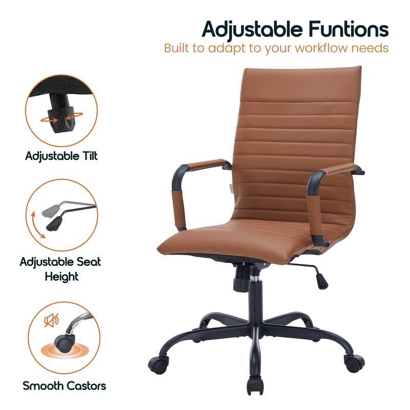 Harris Ribbed Leather Adjustable High-Back Desk Computer Swivel Office Chair in Black Metal Frame for Home Conference
