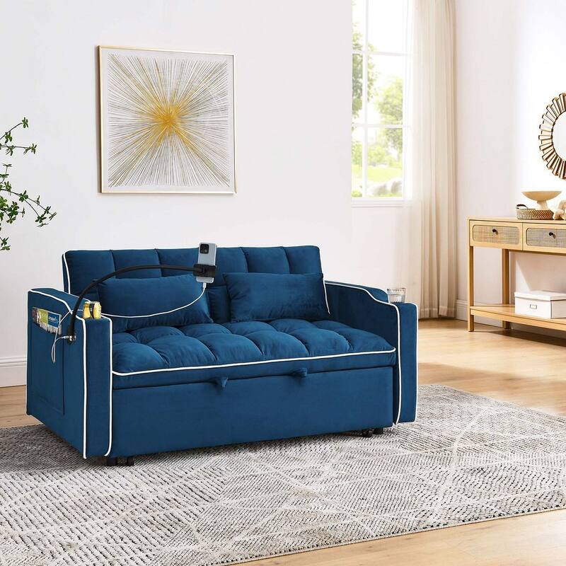 55.51'' Modern Versatile Foldable Sofa Bed With Adjustable Back and USB Port and Ashtray and Swivel Phone Stand