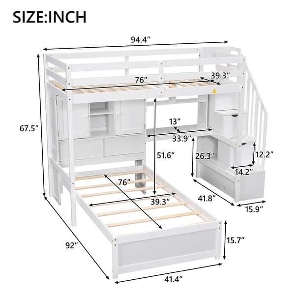 dimension image slide 1 of 2, Twin over Twin Loft Bed with Built-in Desk and Staircase, With Storage Compartments and Shelves