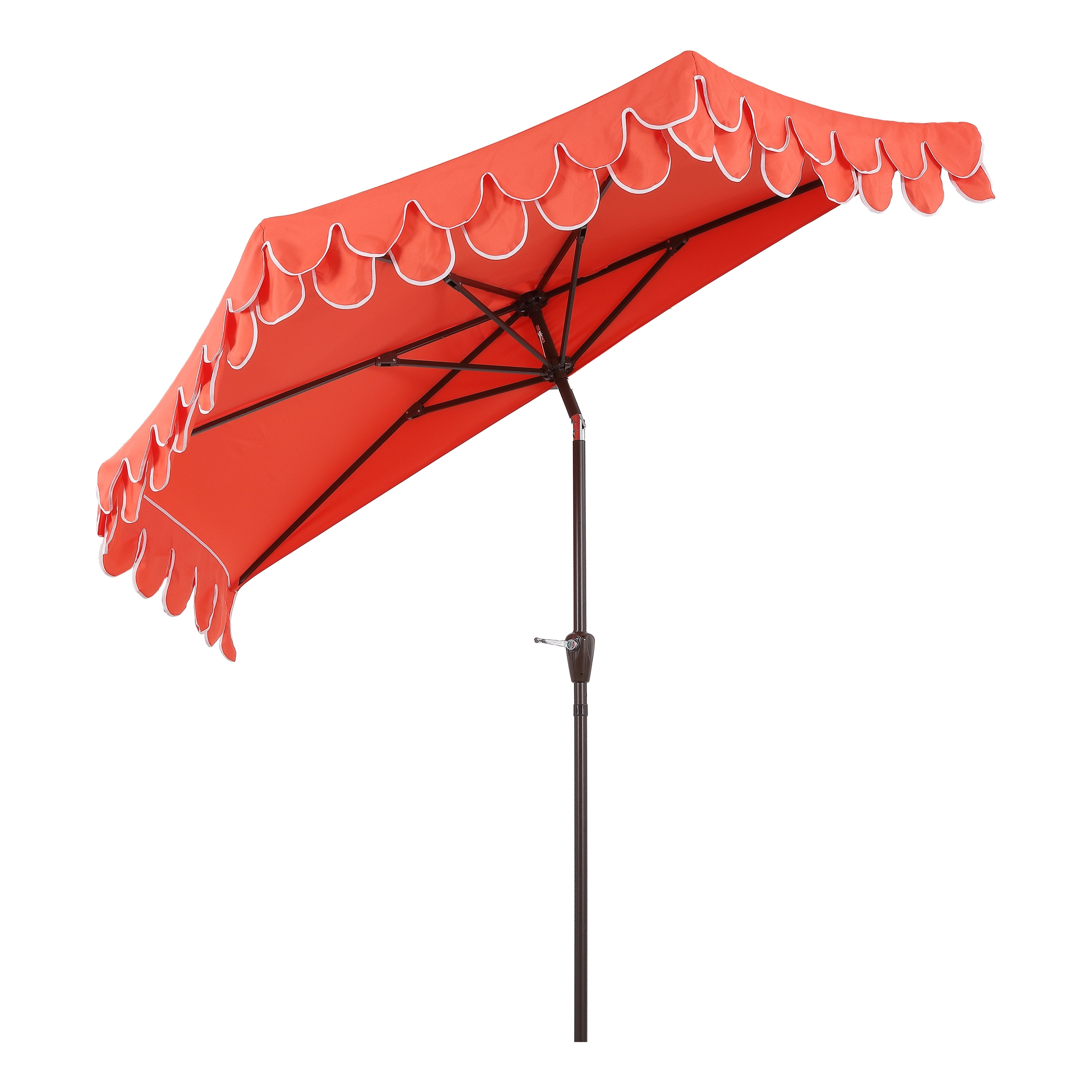 half umbrella patio cover Terrace Arc 9 ft Scalloped Fringe Market with Crank, Tilt Button and UV Protection Coral Pink/Brown Pole W x 92 in 3.5 'x 7' Sunbrella A