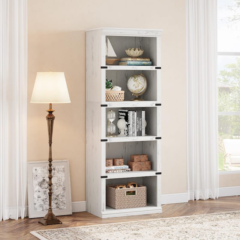 5 Tier Bookcase, Freestanding Wooden Bookshelf Storage Organizer Display Shelf - Off-White
