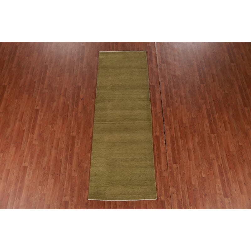 Hand Knotted Oriental 100% Wool Carpet Modern Solid Green Gabbeh Runner Rug - 9' 4'' X 3' 2''