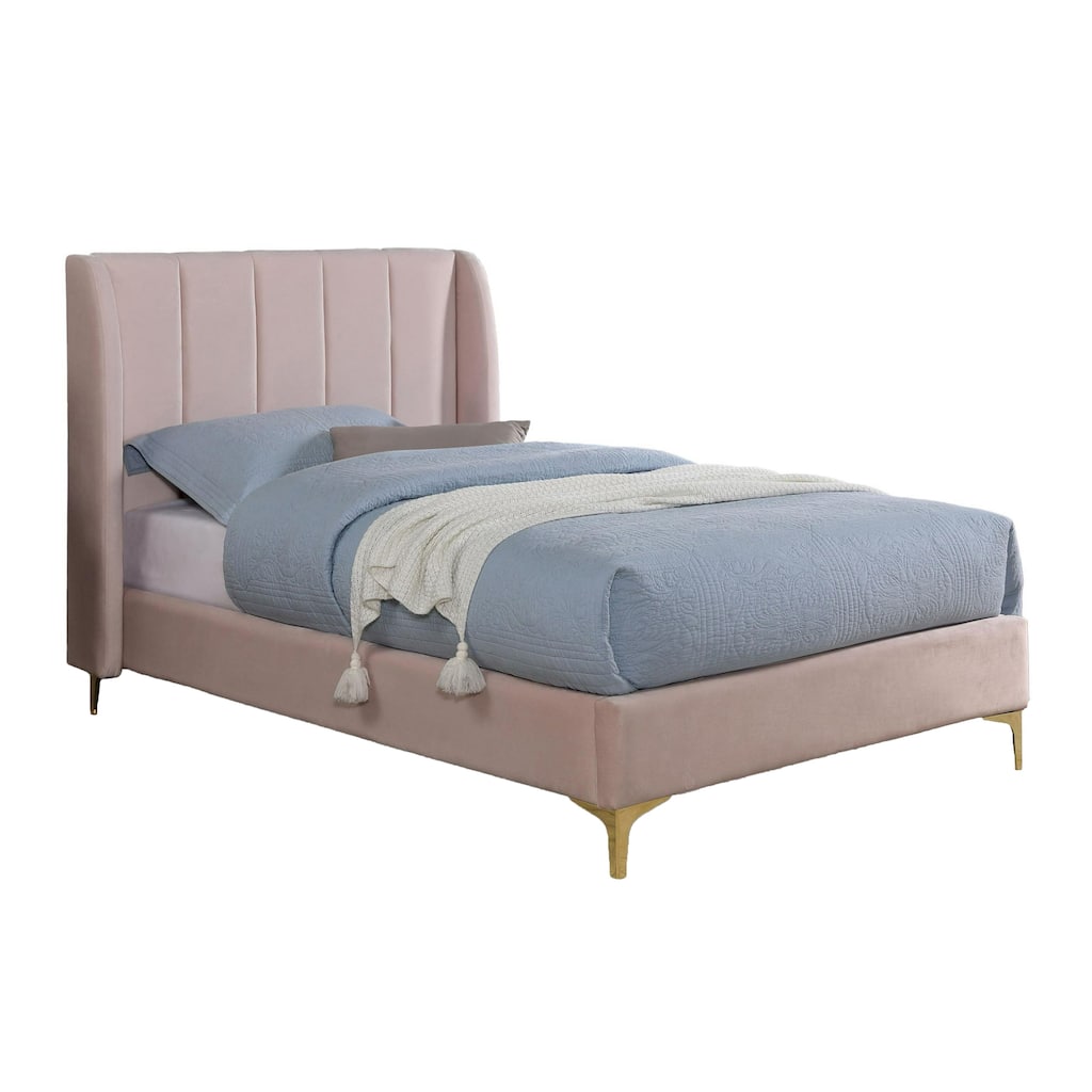 Pevy Twin Size Bed, Tufted Wingback in Light Pink Velvelike Upholstery