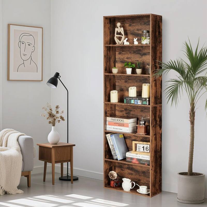 6-Shelf Tall Industrial Bookcase Open Display Shelf for Home Office - Brown