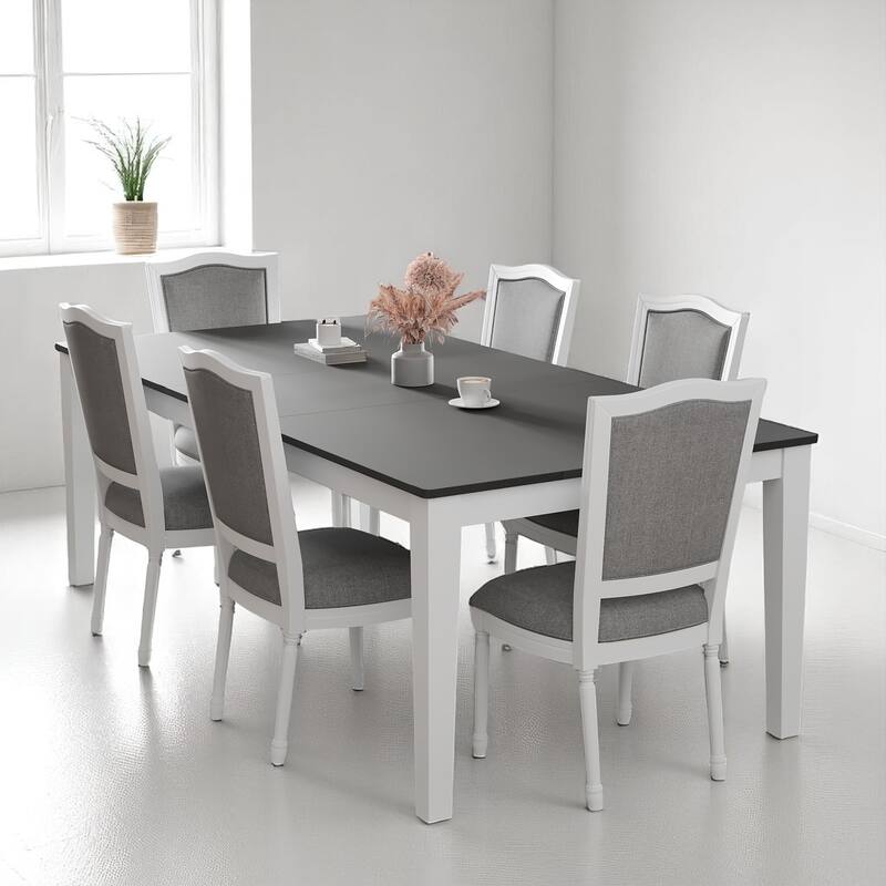 78.1" Solid Wood Dining Table Set with Removable Leaf, 6 Padded Chairs, Built-in Storage Drawers - Dark Grey