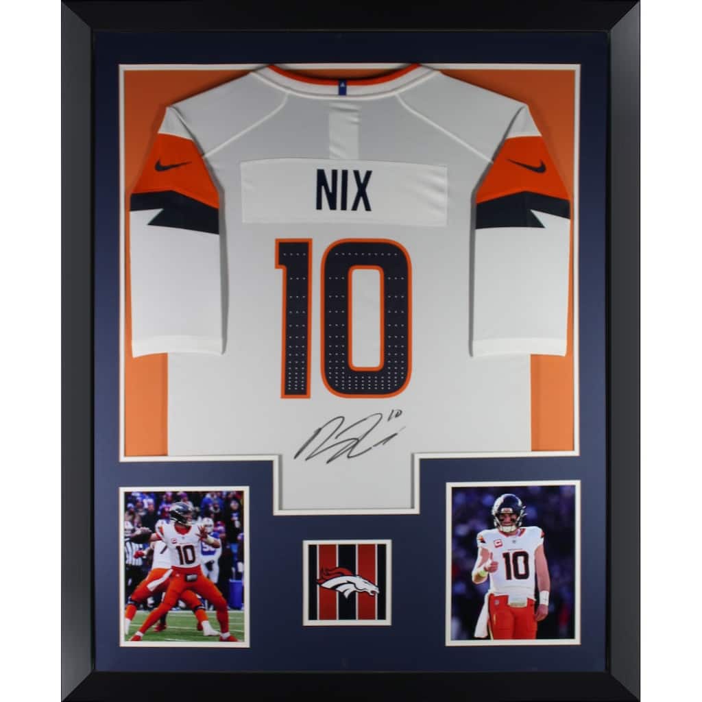 Bo Nix Autographed Denver Broncos Signed Nike Game White Football Framed Jersey Beckett COA - 8' x 11'