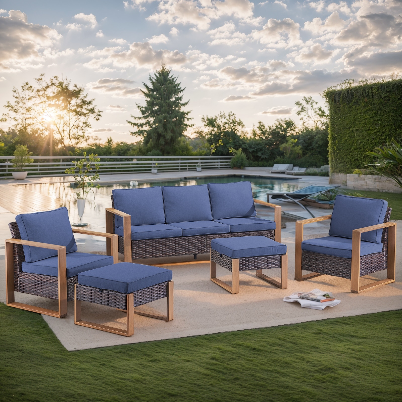 Gymojoy PE Rattan Chairs with Sofa Ottoman Set