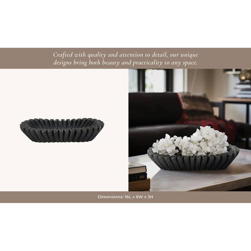 Decorative Wavy Marble Bowl with Ribbed Texture -Home Decor - 16", Tan