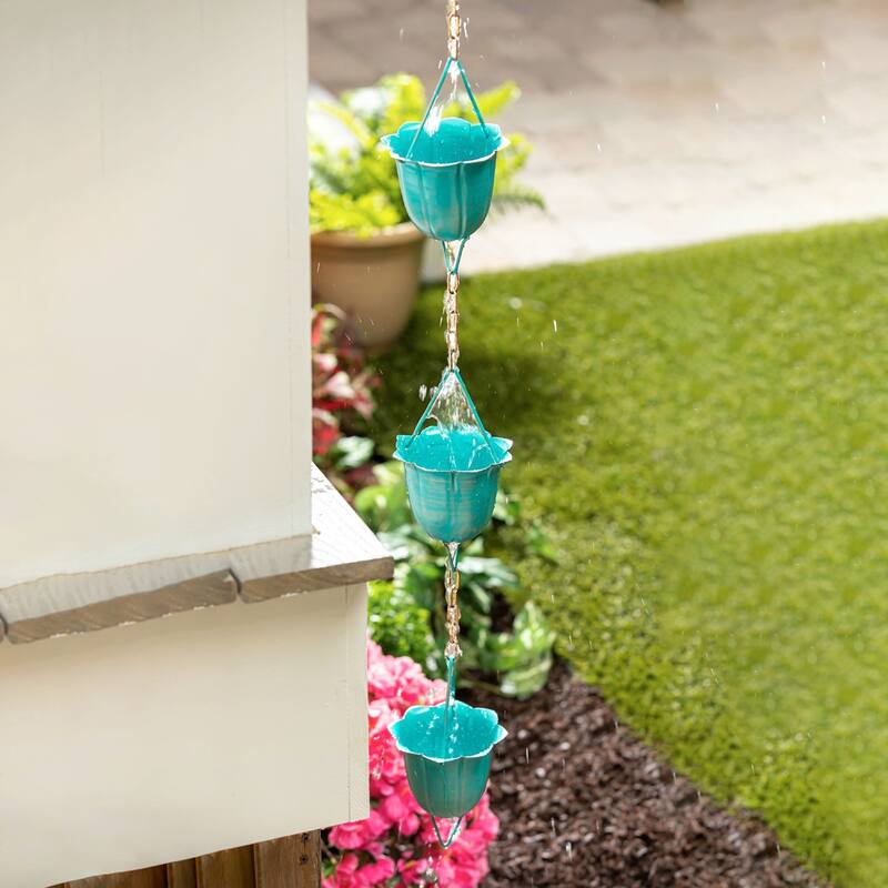 72 in. Blue Flower Cup Iron Rain Chain