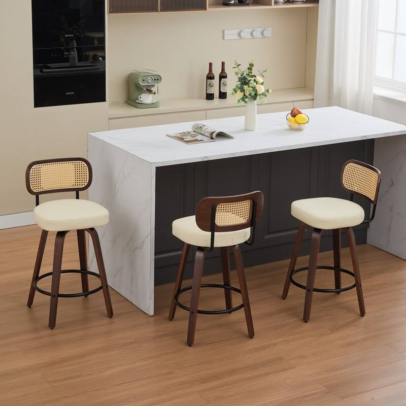 26" Swivel Rattan Bar Stools - Walnut Finish Counter Height Stools with Upholstered Seat