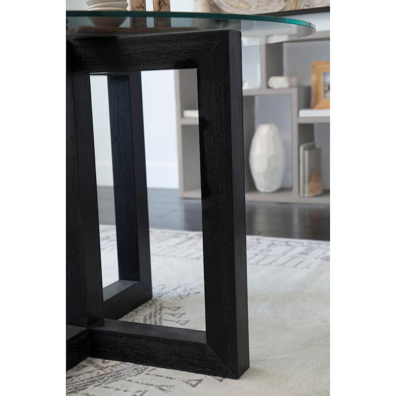 Atlas Glass Top Dining Table with Wood Base, Black