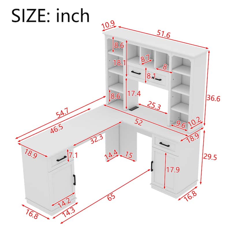 GDFStudio - Honey L-Shaped Computer Desk with Multiple Open Shelves and Built-in Power Outlet