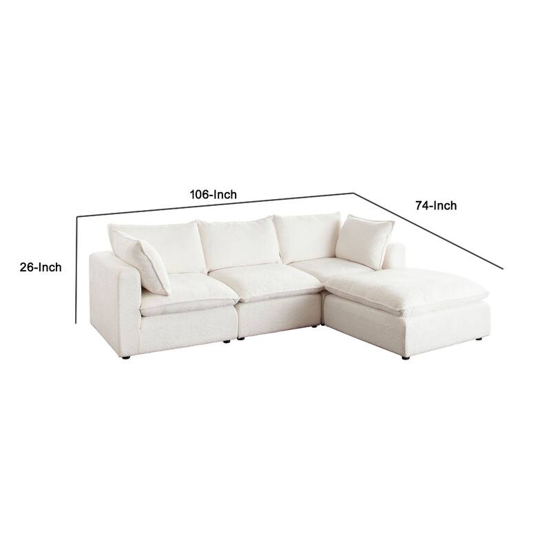 Agg 4pc L Shaped Sofa Set, Ivory Faux Shearing Fabric, 2 Accent Pillows