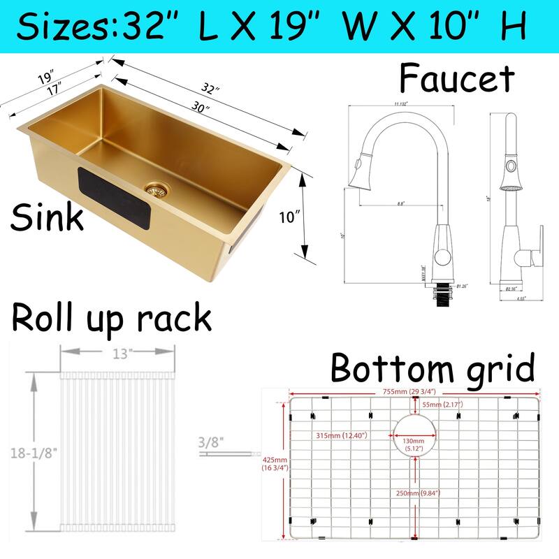 CB HOME 32'' Undermount Kitchen Sink with Gold/Black Kitchen Faucet Combo, Drop in Gold Kitchen Sink with Grid&Roll Up Dish Rack