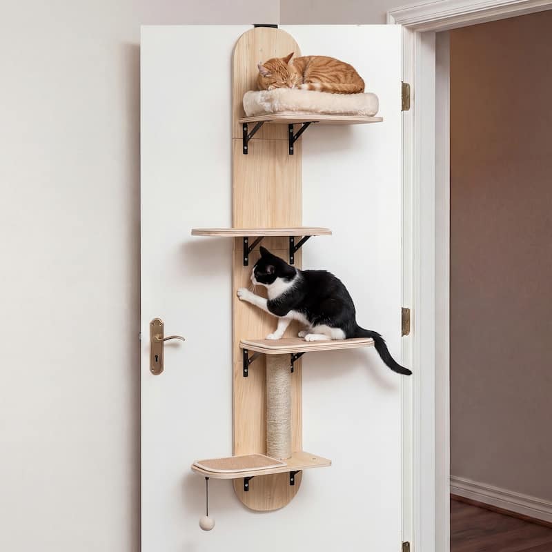 Gymax Door Hanging Cat Climber w/Plush Bed Scratching Post Carpeted - Brown