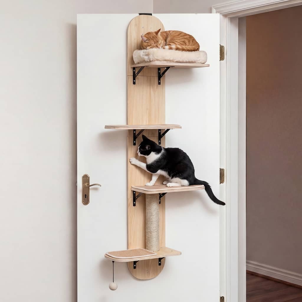 Gymax Door Hanging Cat Climber w/Plush Bed Scratching Post Carpeted