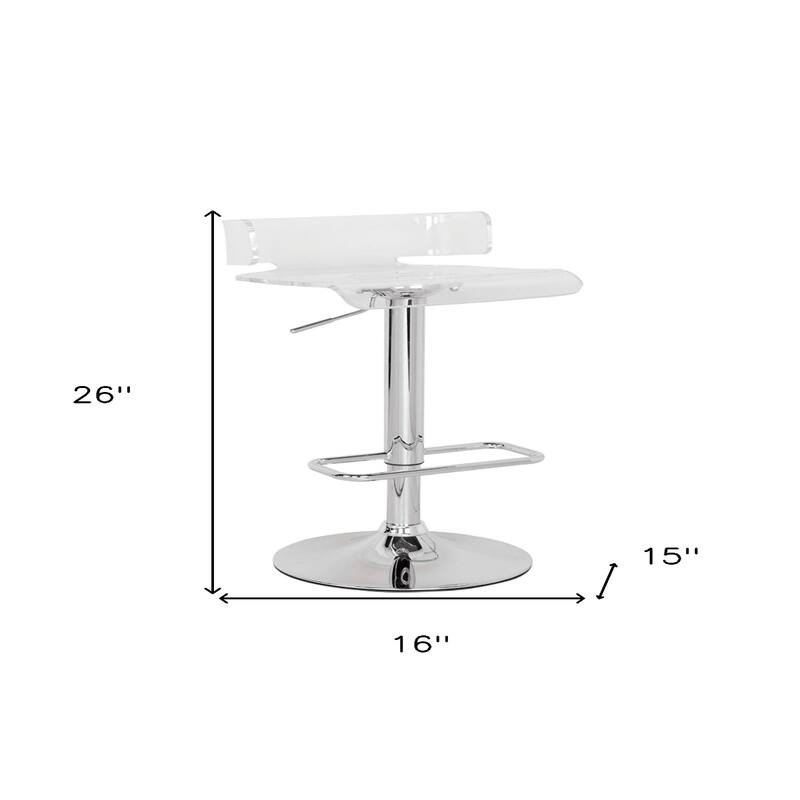 Acrylic Adjustable Height Pedestal Bar Chair with Swivel and Footrest - 16” x 15” x 26” (D x W x H)