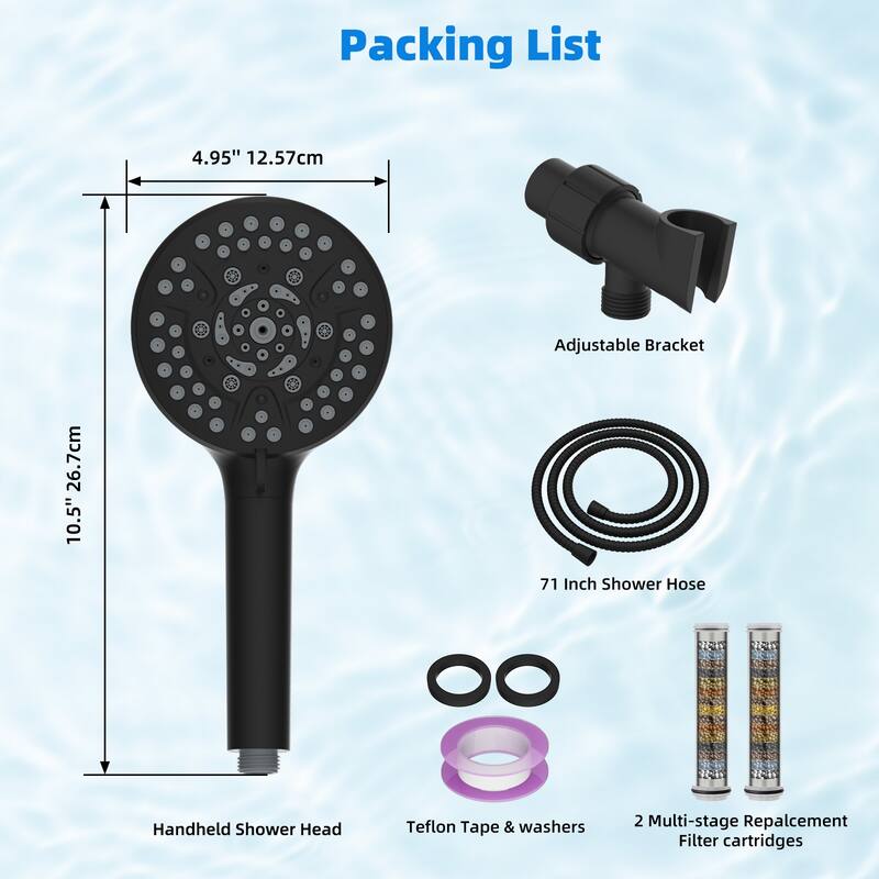 High Pressure 10-Spray Handheld Shower with Filter, 71-inch Hose