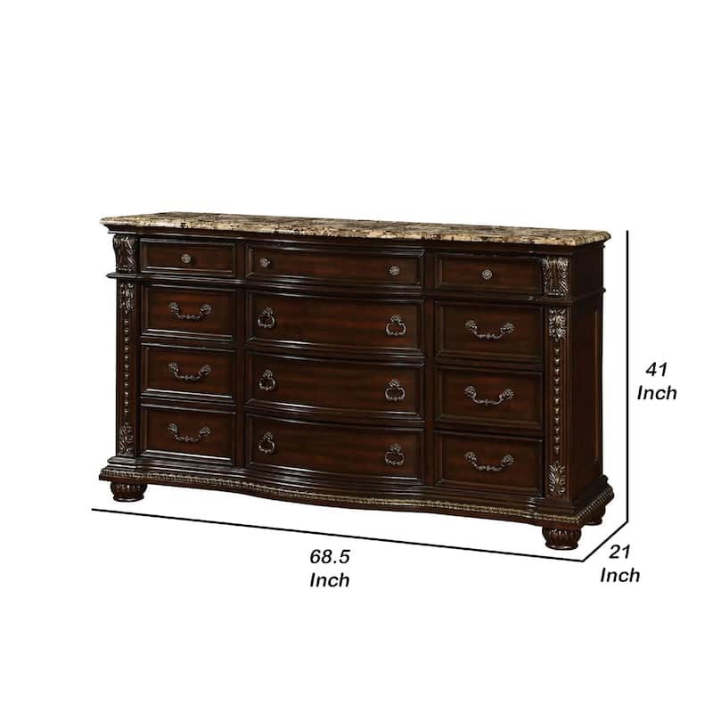 Kera Classic Dresser, 69 Inch, 12 Drawers, Sculpted Cherry Brown Wood