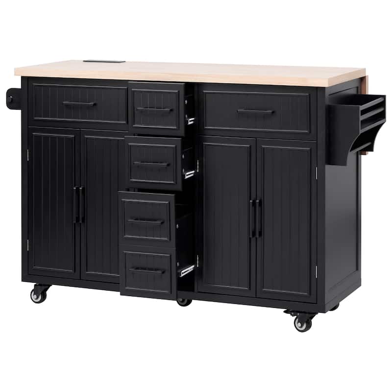 56.5" Kitchen Island with Drop Leaf, Power Outlet, Embossed Vertical Stripe Rolling Kitchen Cart on Wheels with 5 Drawers
