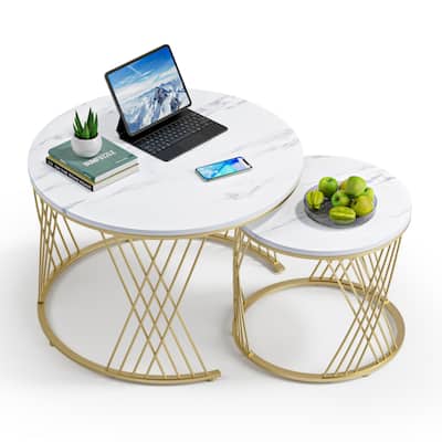 Anmytek Round Nesting Coffee Table Set of 2, White Modern End Tables Living Room Faux Marble Sofa Beside Table