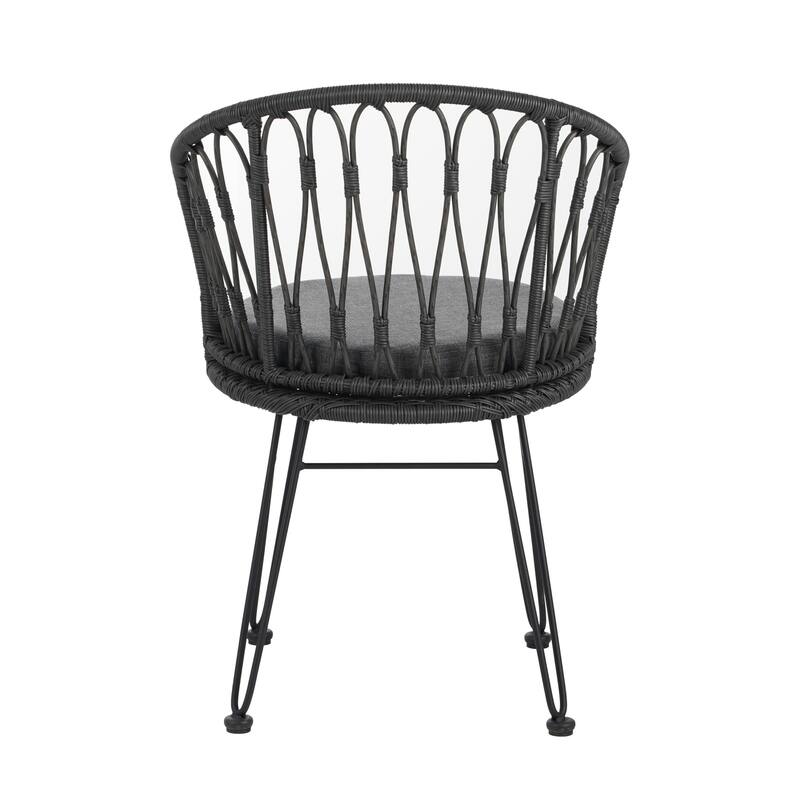 Roomfitters Set of 2 Boho Industrial Wicker Dining Chairs with Water-Resistant Cushions, Gray Rattan and Iron Hairpin Legs, Gray