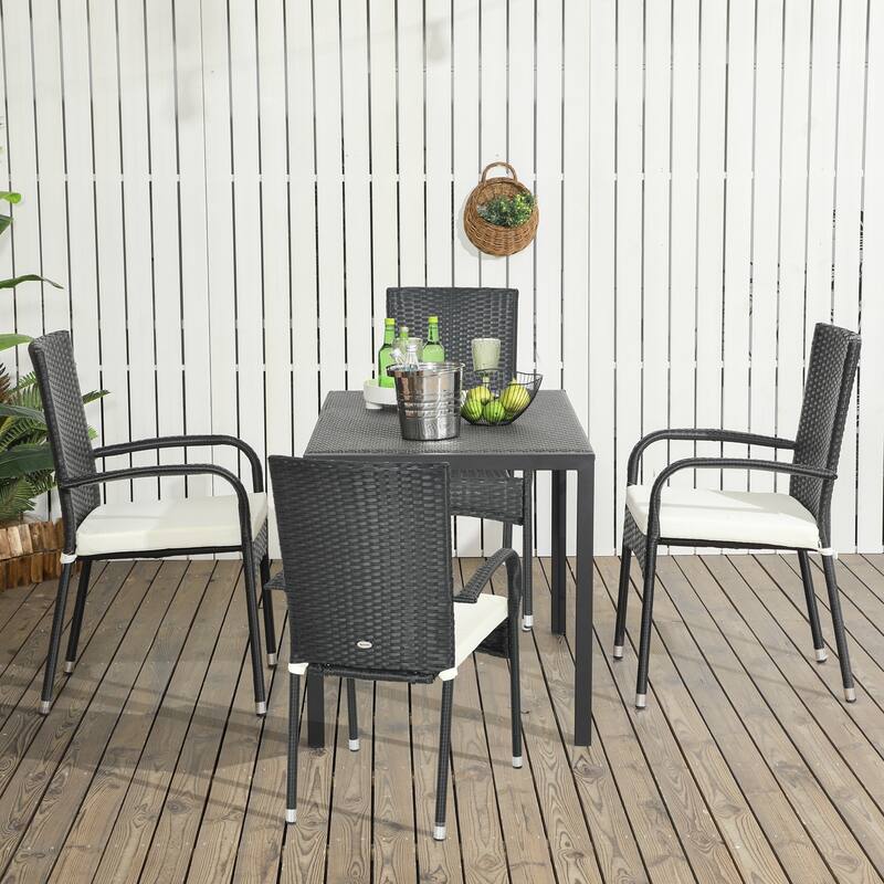 Modern 4 Piece Stackable Rattan Kitchen Dining Chairs with Cushions, Armrests, Backrests for Dining Room Kitchen Bedroom Terrace - White