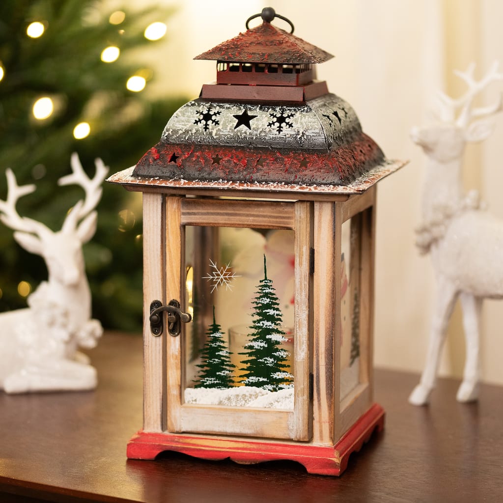 14.5" Red White Snowman Holiday Scene Christmas Pillar Candle Lantern