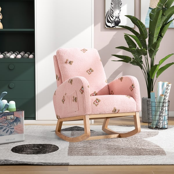 slide 2 of 48, Upholstered High Back Wooden Rocking Chair for Living Room Baby Kids Room Bedroom, Pink Boucle Pink