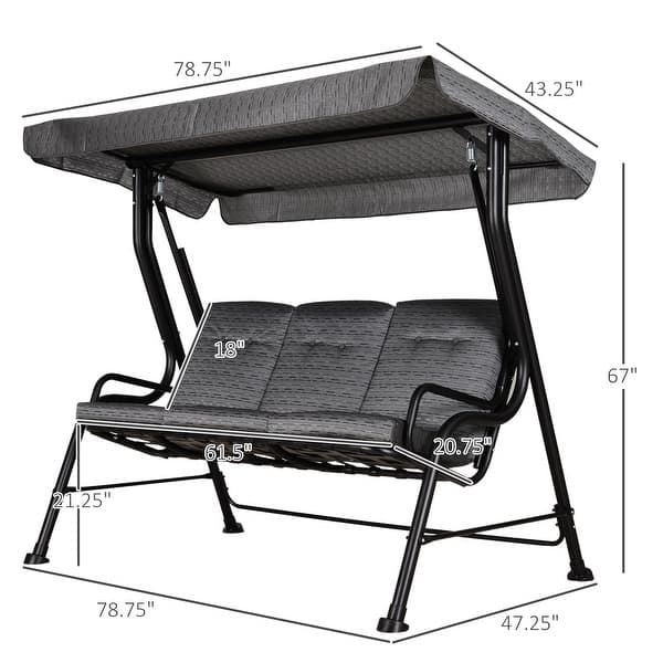 dimension image slide 0 of 3, Outsunny Outdoor Patio Porch Swing Bench with Included Adjustable Shade Awning & Comfort Padded Seating for Three People