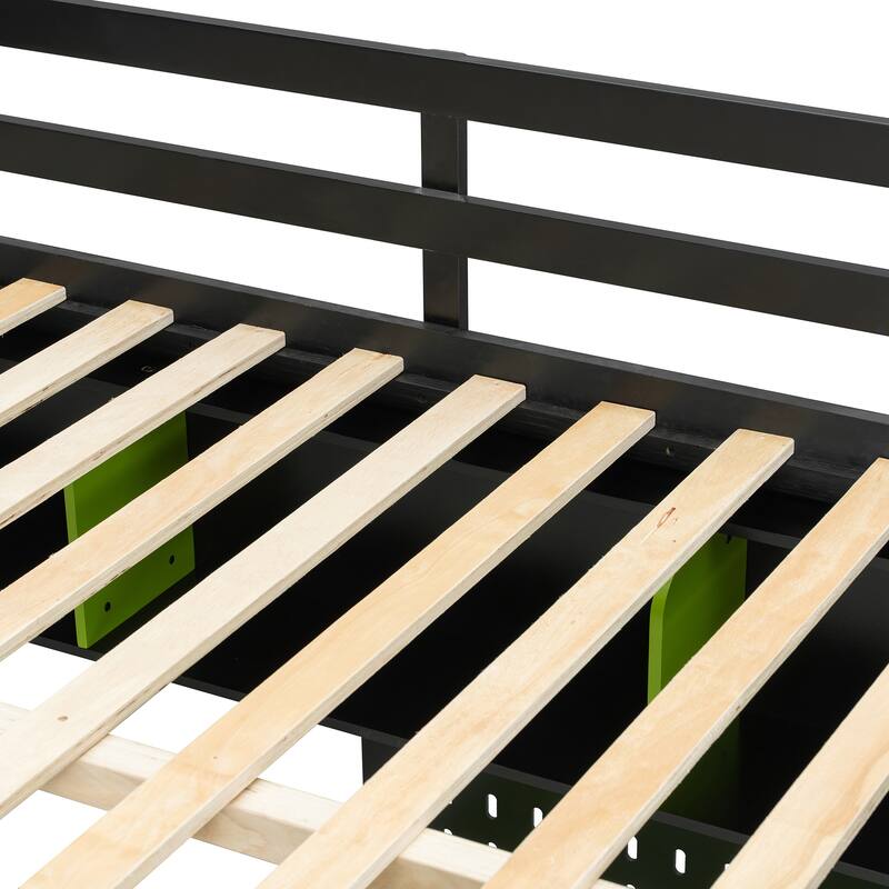 Full Size Wood Loft Bed with Storage Desk Shelves and LED Lights