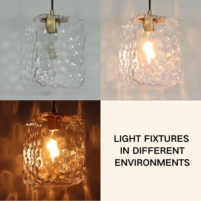 Modern 1-Light Stain Gold Textured Glass Pendant Light Fixture Rectangular Shade Kitchen Island Light for Dining Room