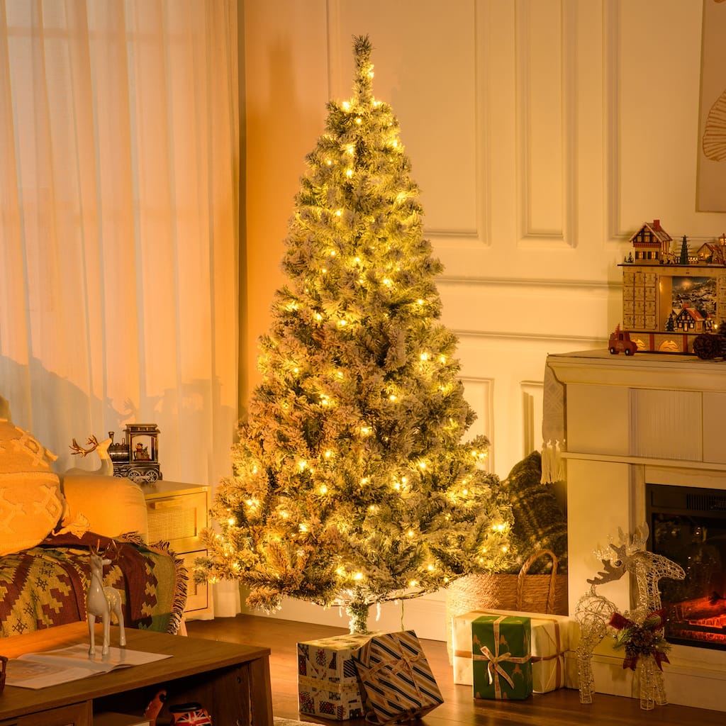 HOMCOM 6ft Tall Prelit Artificial Christmas Tree Holiday Décor with 638 Snow Flocked Branches, 220 Warm White LED Lights