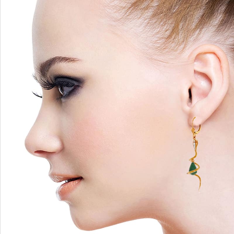14K Solid Gold Snake Earrings w/ Green Dyed Sapphire & Diamonds