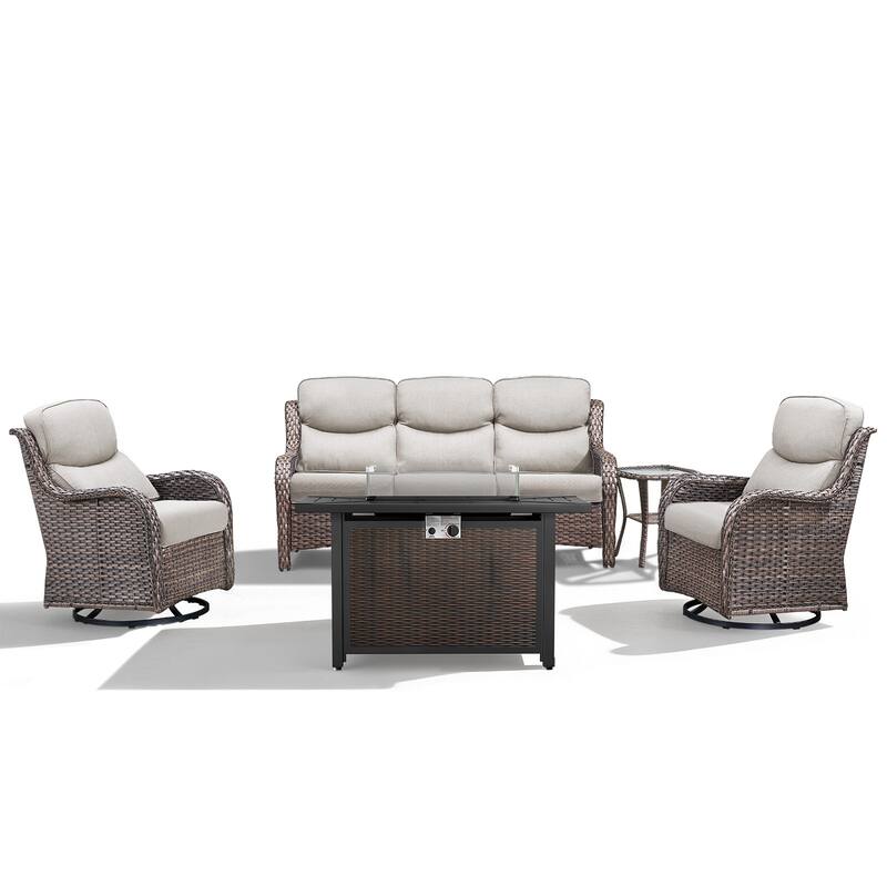 Meyreso 5-Piece Outdoor Patio Metal Fire Pit Wicker Conversation Set with 5-Inch Thick Olefin Cushions