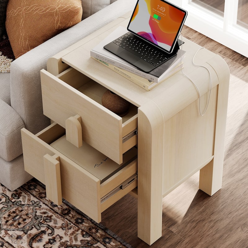 WAMPAT Modern Wood Nightstand With 2 Drawers ,Curved Mid-Century End Table With Built-In Charging Station For Bedroom