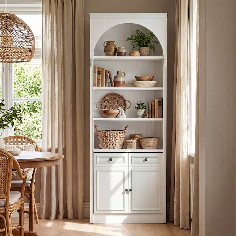 Modular White Bookcase with LED Lights & Glass Doors, 86.6" Tall Arched Display Cabinet Solid WoodStorage Cabinet