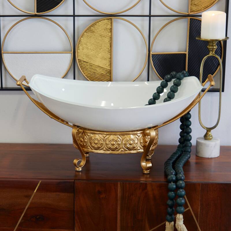 CosmoLiving by Cosmopolitan Glass Kitchen Serving Bowl with Gold or Brown Metal Stand and Ring Feet - Clear or White