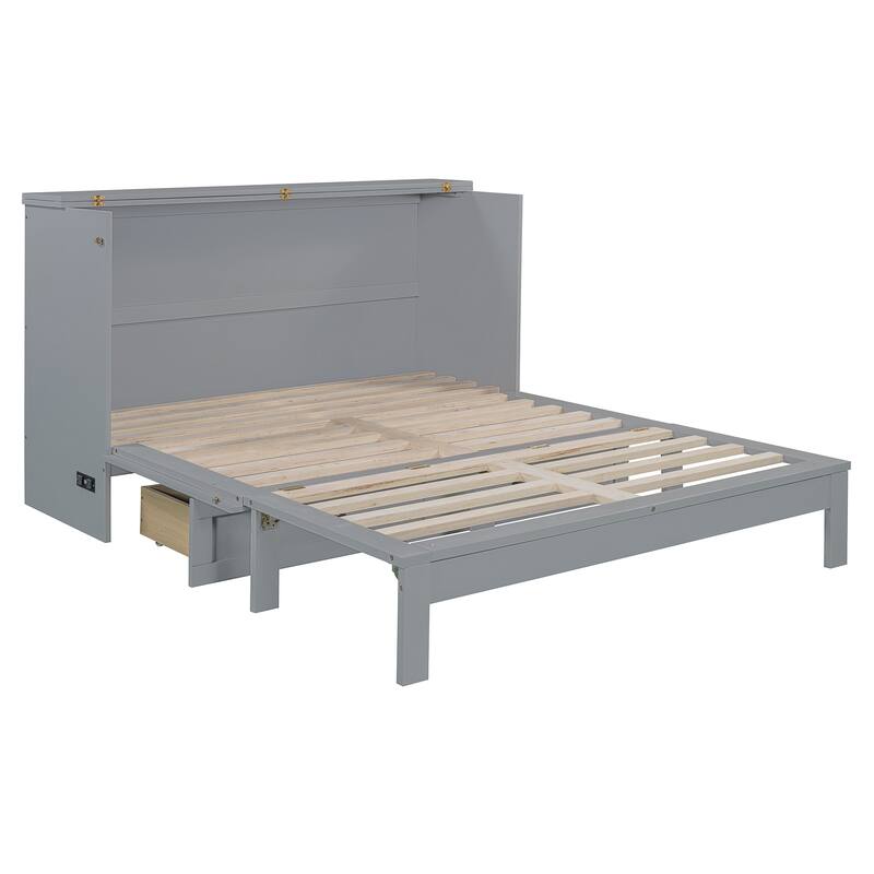 Space-Saving Queen Size Murphy Bed with Large Drawers and USB Charging, Gray